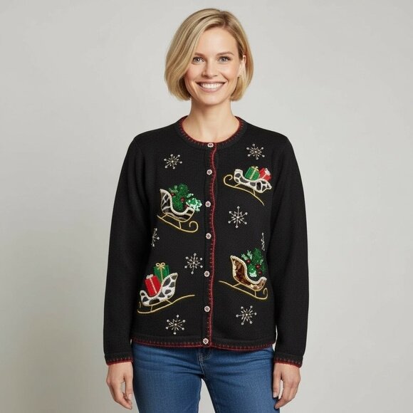 NWT Vintage Y2K Christmas Sweater Leopard Fur Sleighs Sequins/Pearls Size Large - Picture 2 of 7